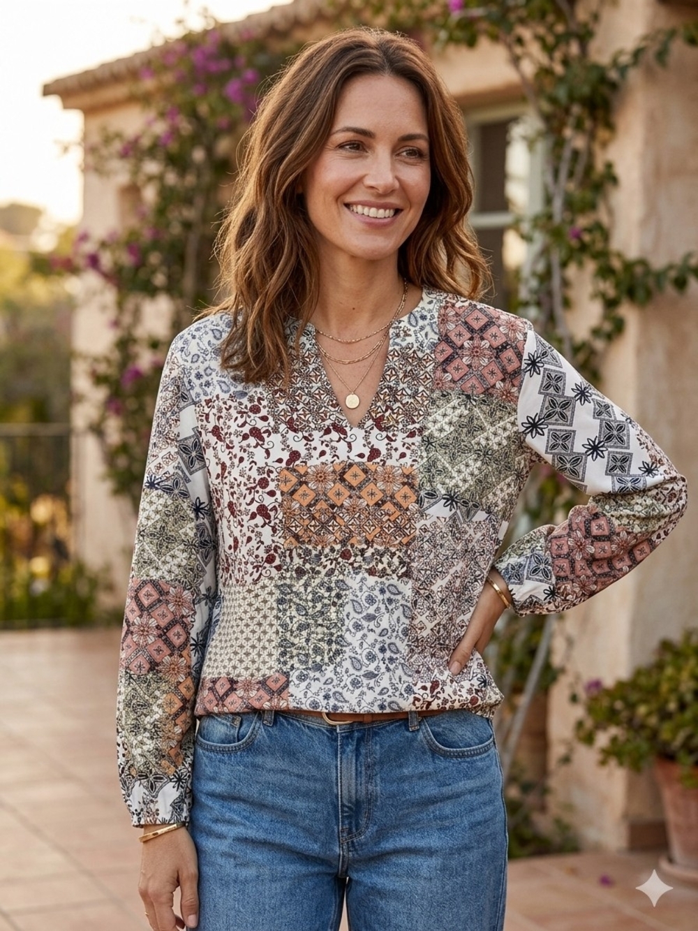 Belle by Kim Gravel Patchwork V-Neck Long Sleeve Top - White Multi